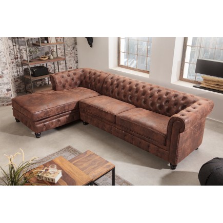 Canapé d'angle CHESTERFIELD avec ottoman gauche 270cm microfibre marron antique 2