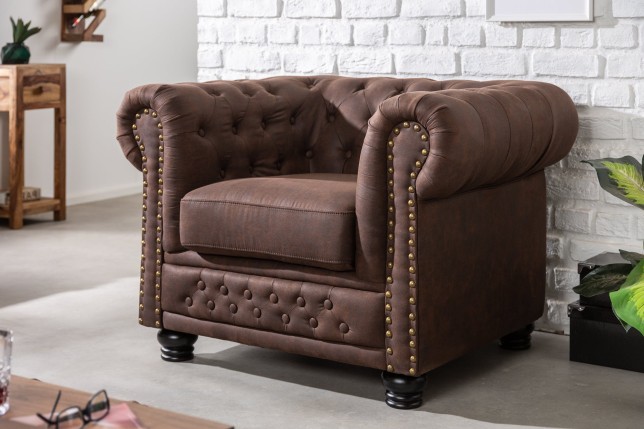 Fauteuil Chesterfield microfibre brun vintage