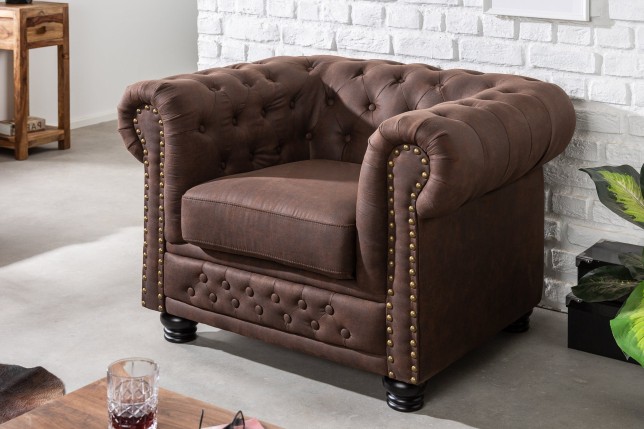 Fauteuil Chesterfield microfibre brun vintage