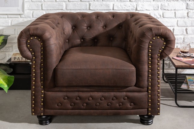 Fauteuil Chesterfield microfibre brun vintage