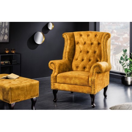Fauteuil Wing Chesterfield velours moutarde vintage