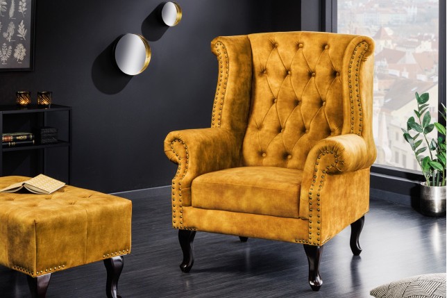 Fauteuil Wing Chesterfield velours moutarde vintage