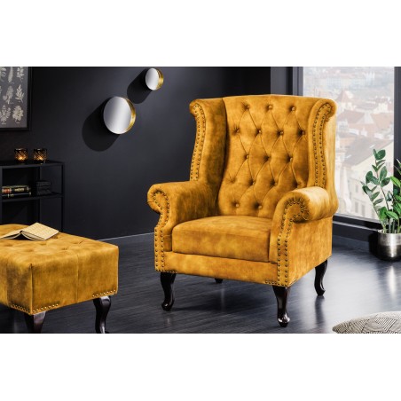 Fauteuil Wing Chesterfield velours moutarde vintage