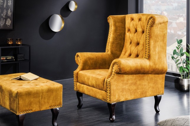 Fauteuil Wing Chesterfield velours moutarde vintage