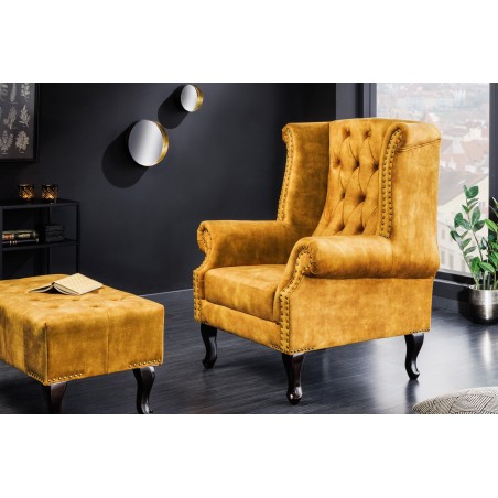 Fauteuil Wing Chesterfield velours moutarde vintage