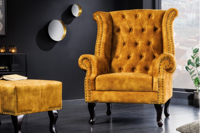 Fauteuil Wing Chesterfield velours moutarde vintage