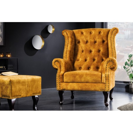 Fauteuil Wing Chesterfield velours moutarde vintage