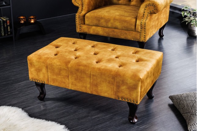 Repose-pieds Chesterfield velours jaune moutarde