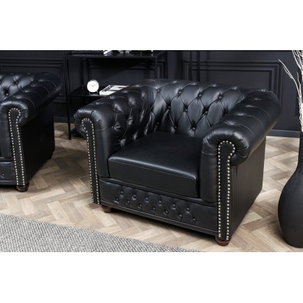 Fauteuil Chesterfield cuir synthétique noir vieilli