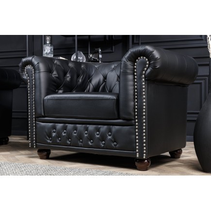 Fauteuil Chesterfield cuir synthétique noir vieilli 2