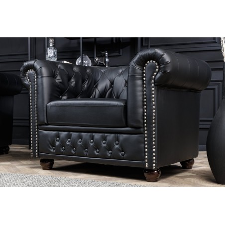 Fauteuil Chesterfield cuir synthétique noir vieilli