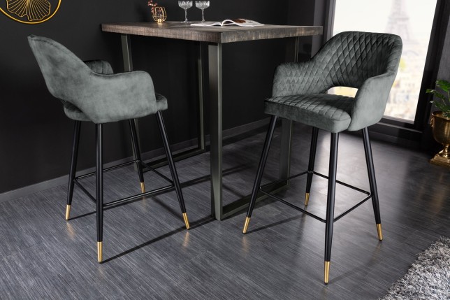 Chaise de bar PARIS velours gris vert - Lot de 2