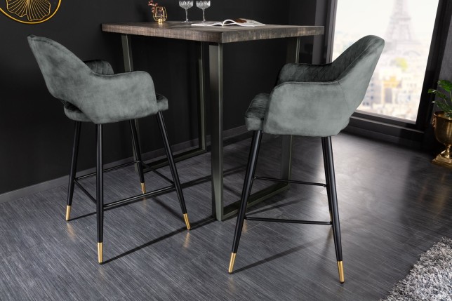 Chaise de bar PARIS velours gris vert - Lot de 2