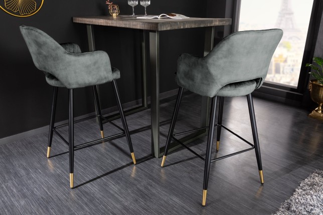 Chaise de bar PARIS velours gris vert - Lot de 2
