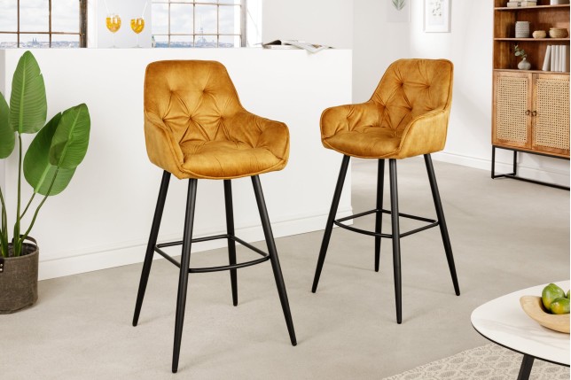 Tabouret de bar MILANO 75cm velours moutarde - Lot de 2