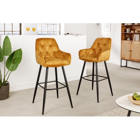 Tabouret de bar MILANO 75cm velours moutarde - Lot de 2