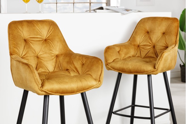 Tabouret de bar MILANO 75cm velours moutarde - Lot de 2
