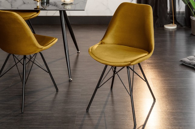 Chaise Scandinavia velours jaune moutarde - pieds métal