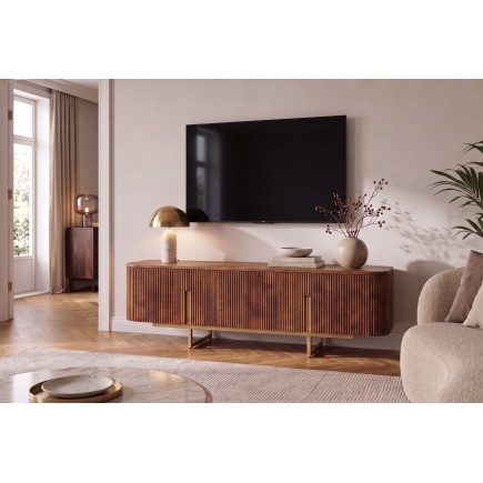 Meuble TV GATSBY 160cm manguier massif rétro brun doré