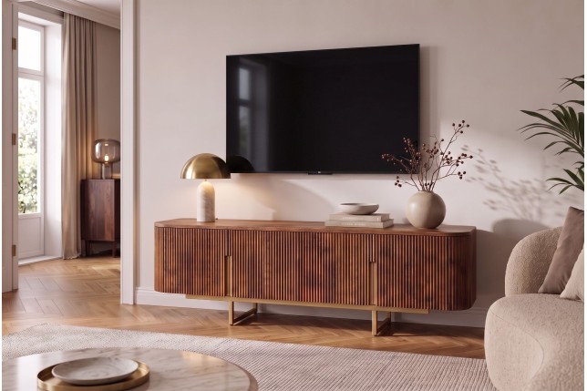 Meuble TV GATSBY 160cm manguier massif rétro brun doré