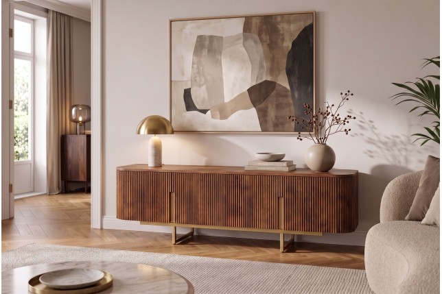 Meuble TV GATSBY 160cm manguier massif rétro brun doré
