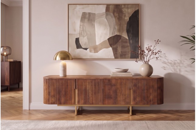 Meuble TV GATSBY 160cm manguier massif rétro brun doré