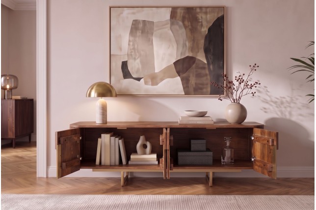Meuble TV GATSBY 160cm manguier massif rétro brun doré