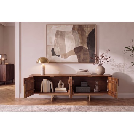 Meuble TV GATSBY 160cm manguier massif rétro brun doré