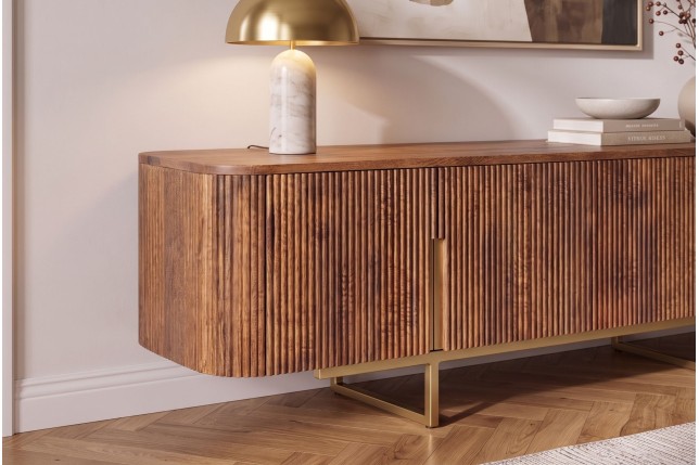 Meuble TV GATSBY 160cm manguier massif rétro brun doré