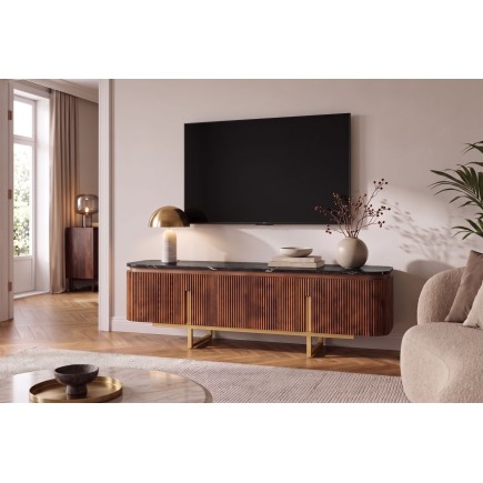 Meuble TV GATSBY 160cm Manguier & Marbre - Style Rétro Chic