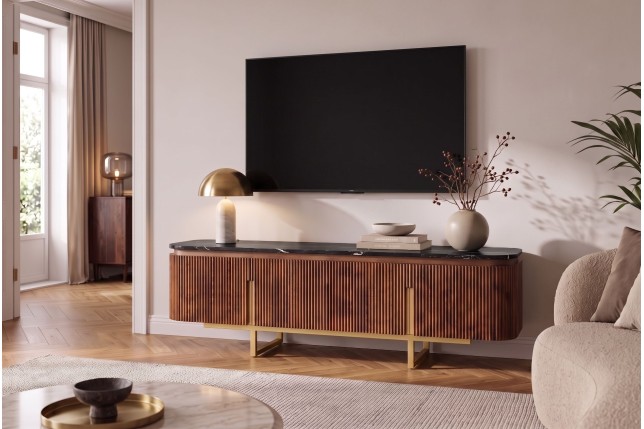 Meuble TV GATSBY 160cm Manguier & Marbre - Style Rétro Chic