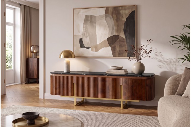 Meuble TV GATSBY 160cm Manguier & Marbre - Style Rétro Chic