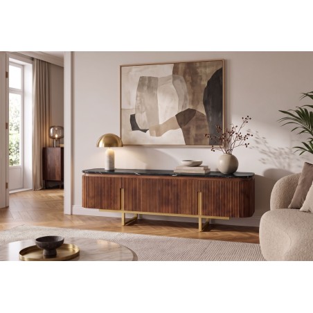 Meuble TV GATSBY 160cm Manguier & Marbre - Style Rétro Chic