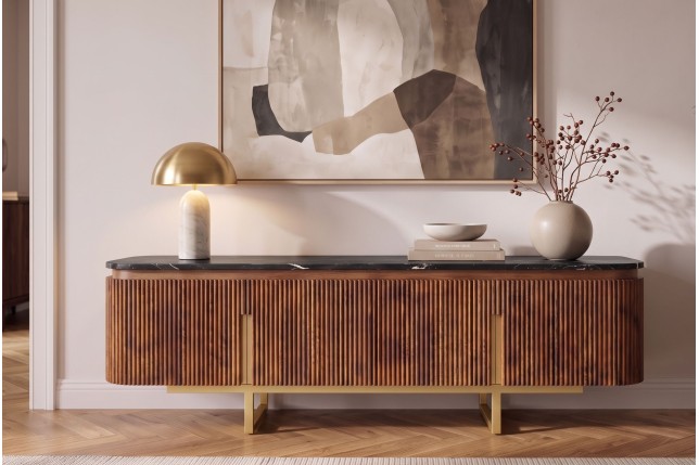 Meuble TV GATSBY 160cm Manguier & Marbre - Style Rétro Chic