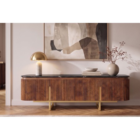 Meuble TV GATSBY 160cm Manguier & Marbre - Style Rétro Chic