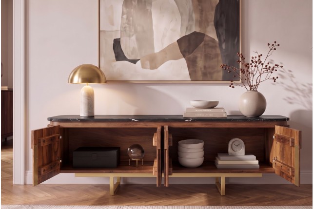 Meuble TV GATSBY 160cm Manguier & Marbre - Style Rétro Chic