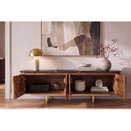 Meuble TV GATSBY 160cm Manguier & Marbre - Style Rétro Chic