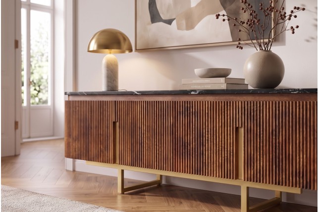 Meuble TV GATSBY 160cm Manguier & Marbre - Style Rétro Chic