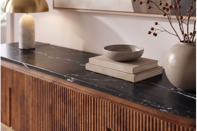 Meuble TV GATSBY 160cm Manguier & Marbre - Style Rétro Chic