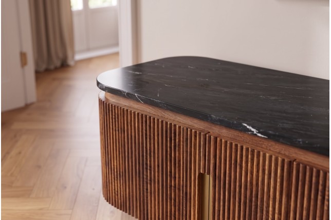 Meuble TV GATSBY 160cm Manguier & Marbre - Style Rétro Chic
