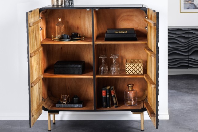 Highboard WAVE 120cm Manguier Massif Noir & Doré