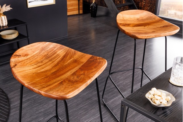 Tabouret de bar MAMMUT 85cm acacia massif et métal noir