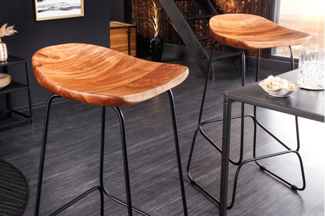 Tabouret de bar MAMMUT 85cm acacia massif et métal noir