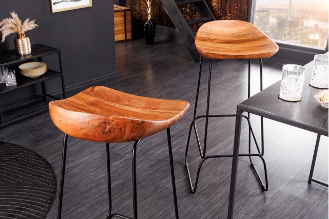 Tabouret de bar MAMMUT 85cm acacia massif et métal noir