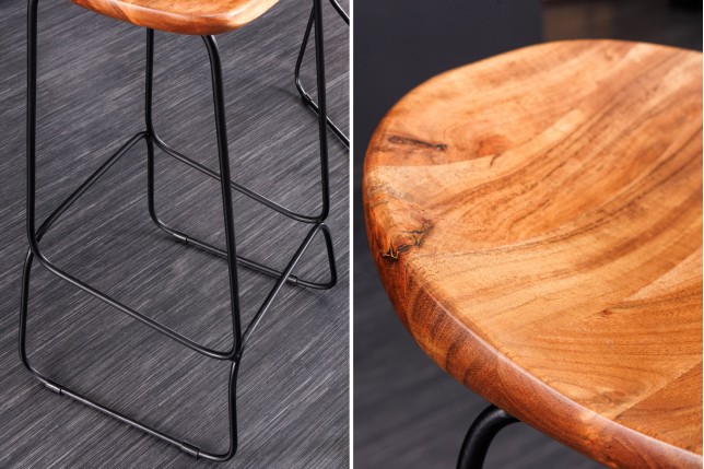 Tabouret de bar MAMMUT 85cm acacia massif et métal noir