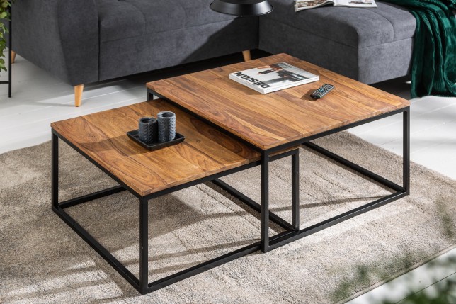 Tables basses ELEMENTS lot de 2 en sheesham massif et fer noir