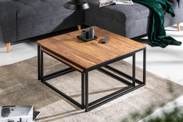 Tables basses ELEMENTS lot de 2 en sheesham massif et fer noir