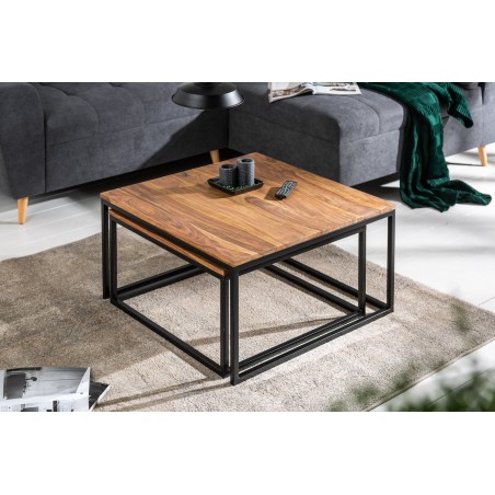 Tables basses ELEMENTS lot de 2 en sheesham massif et fer noir