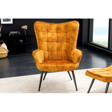 Fauteuil Scandinavia velours moutarde avec accoudoirs