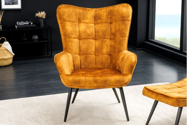 Fauteuil Scandinavia velours moutarde avec accoudoirs